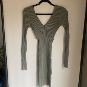 Fashion Nova Olive Ribbed V-Neck Long Sleeve Dress